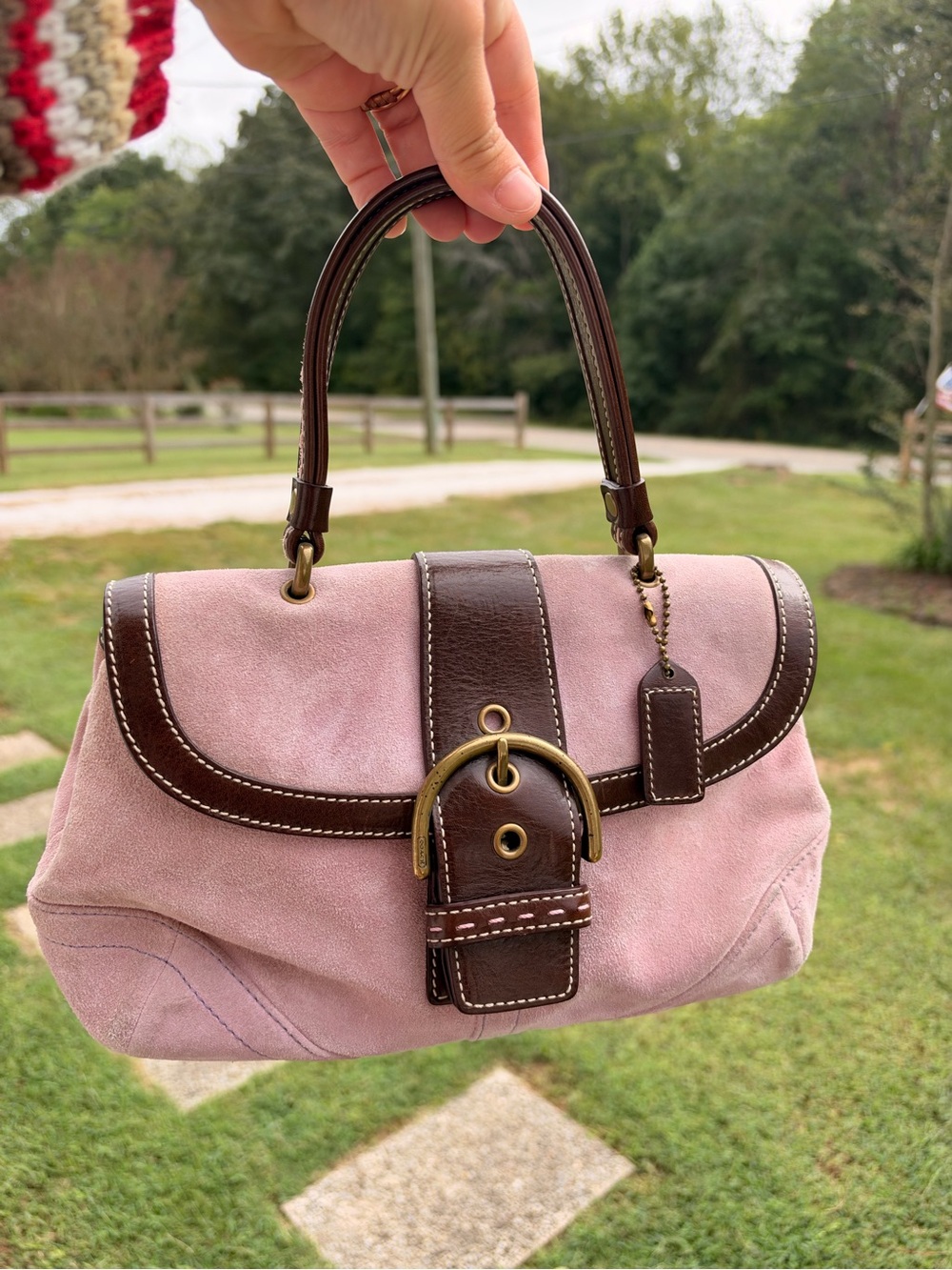 Coach Purple Suede Top-Handle Bag with Brown Trim